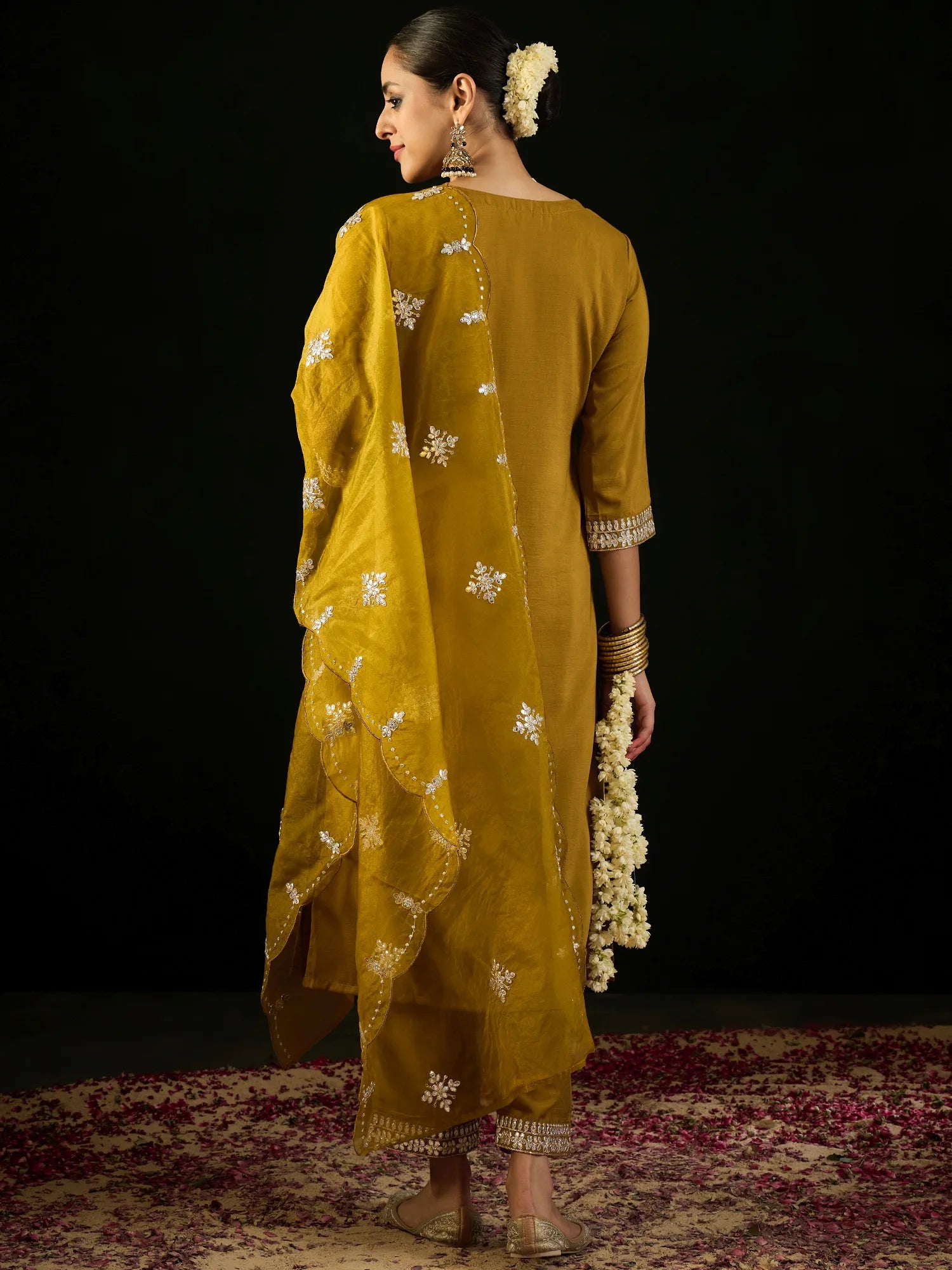 Mustard Embroidered Straight Kurta Trousers With Dupatta set