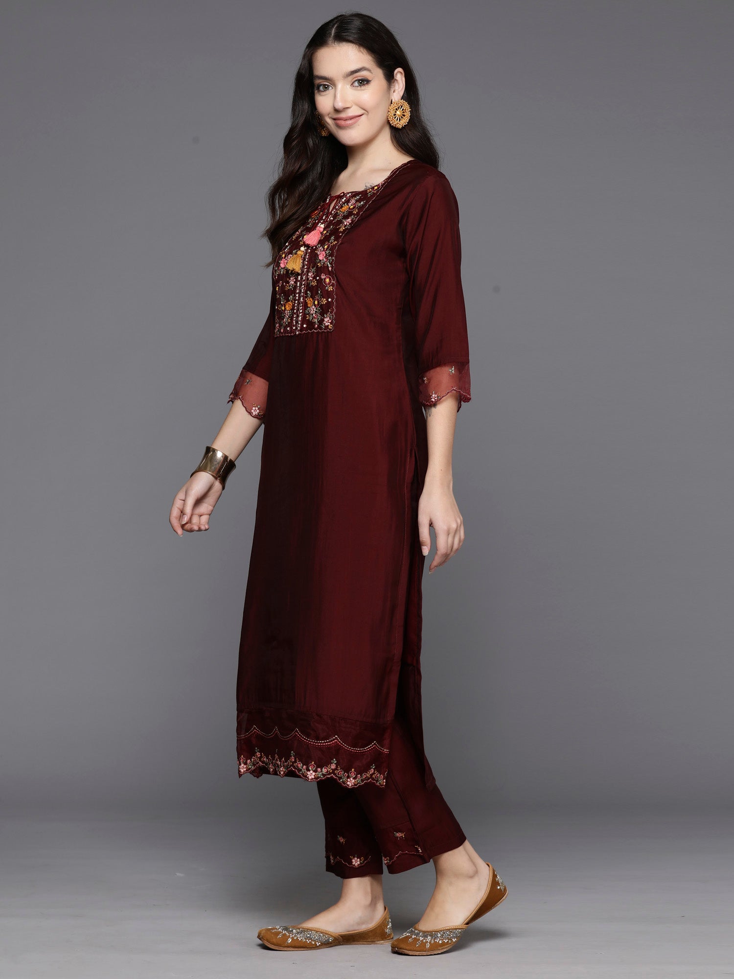 Indo Era Maroon Embroidered A-Line Kurta Trousers With Dupatta Set