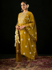 Mustard Embroidered Straight Kurta Trousers With Dupatta set