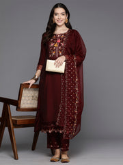 Indo Era Maroon Embroidered A-Line Kurta Trousers With Dupatta Set