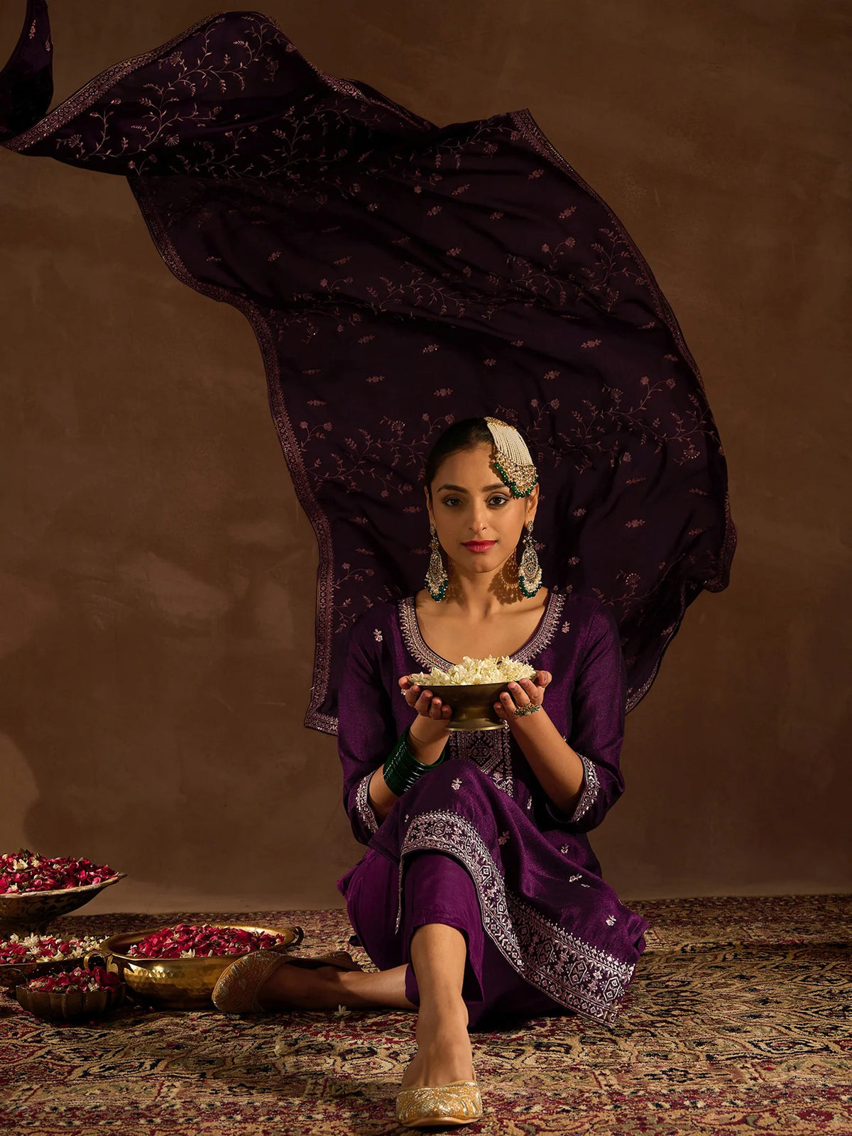 Purple Embroidered Straight Kurta Trousers With Dupatta set