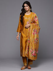 Indo Era Mustard Embroidered Straight Kurta Trousers With Dupatta Set