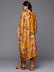 Indo Era Mustard Embroidered Straight Kurta Trousers With Dupatta Set