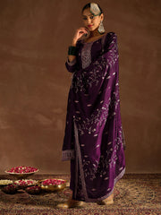 Purple Embroidered Straight Kurta Trousers With Dupatta set