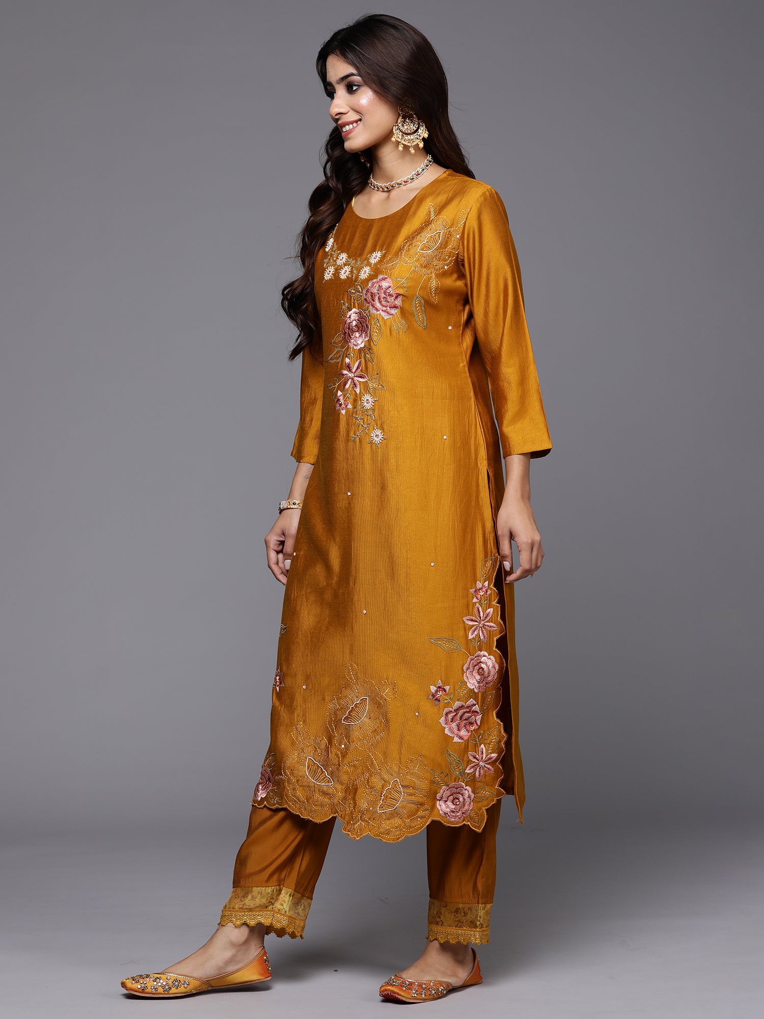 Indo Era Mustard Embroidered Straight Kurta Trousers With Dupatta Set