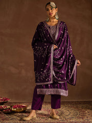 Purple Embroidered Straight Kurta Trousers With Dupatta set