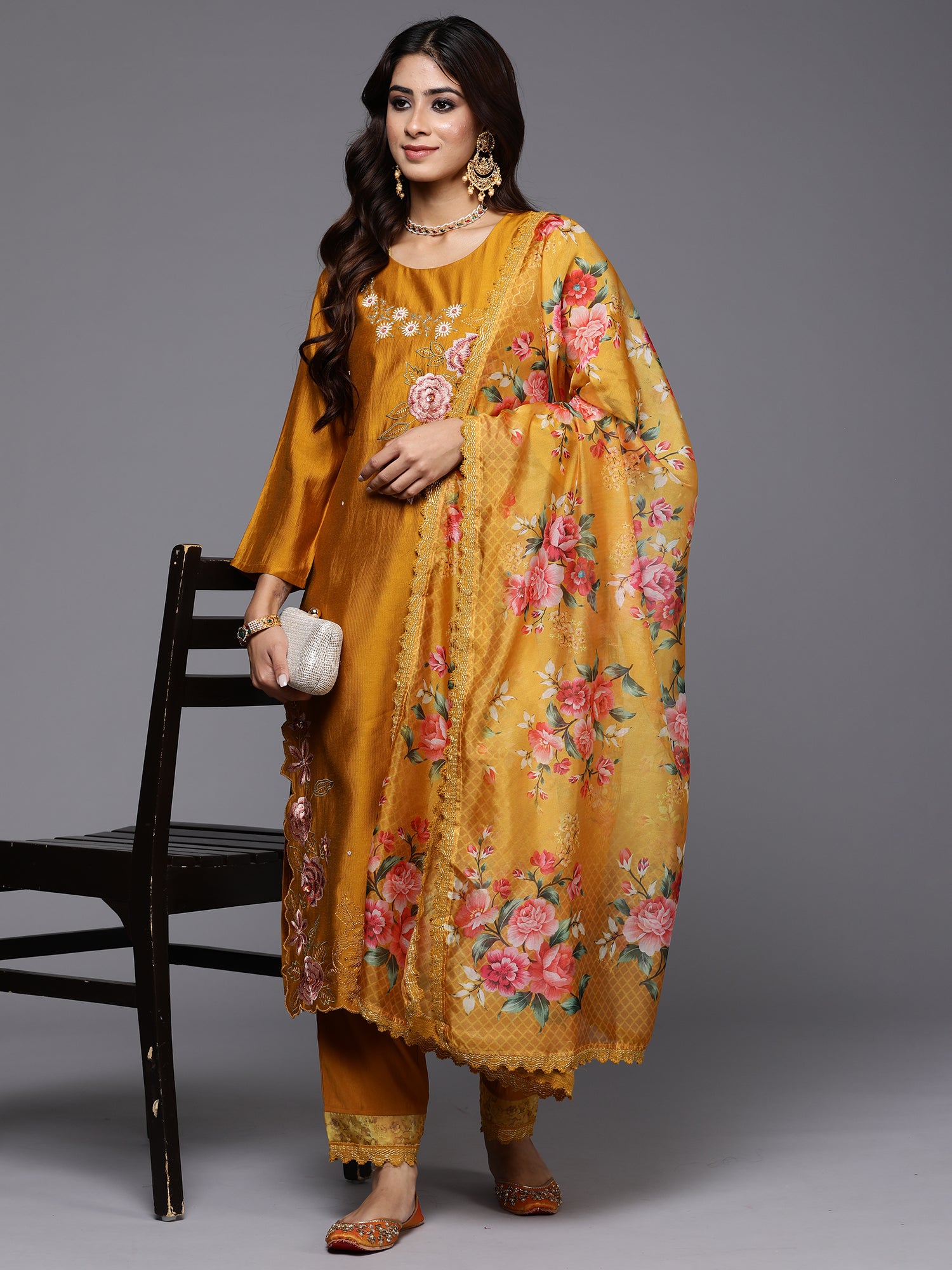 Indo Era Mustard Embroidered Straight Kurta Trousers With Dupatta Set