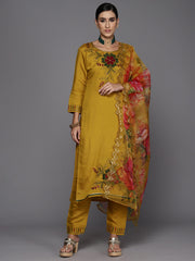 Indo Era Mustard Embroidered Straight Kurta Trousers With Dupatta Set