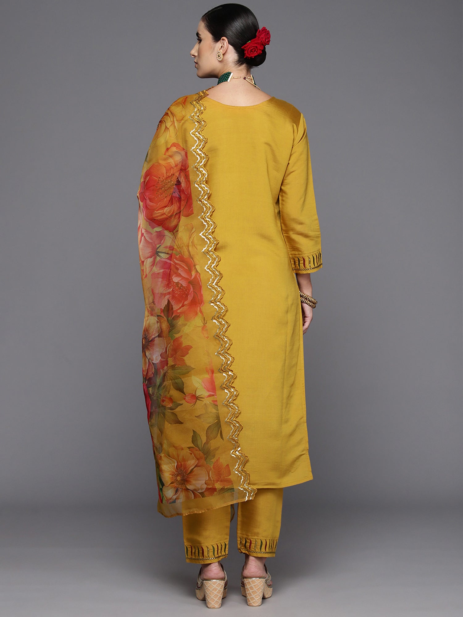 Indo Era Mustard Embroidered Straight Kurta Trousers With Dupatta Set