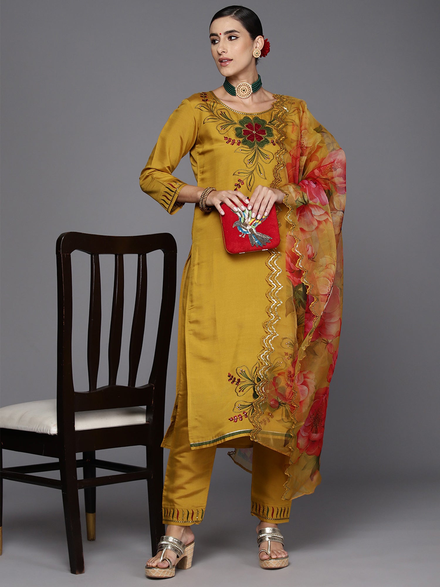 Indo Era Mustard Embroidered Straight Kurta Trousers With Dupatta Set