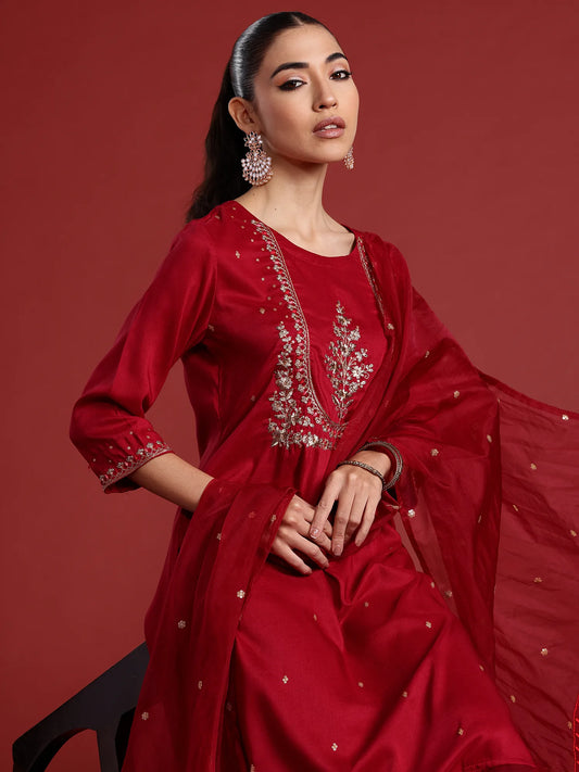 Maroon Embroidered Straight Kurta Trousers With Dupatta set