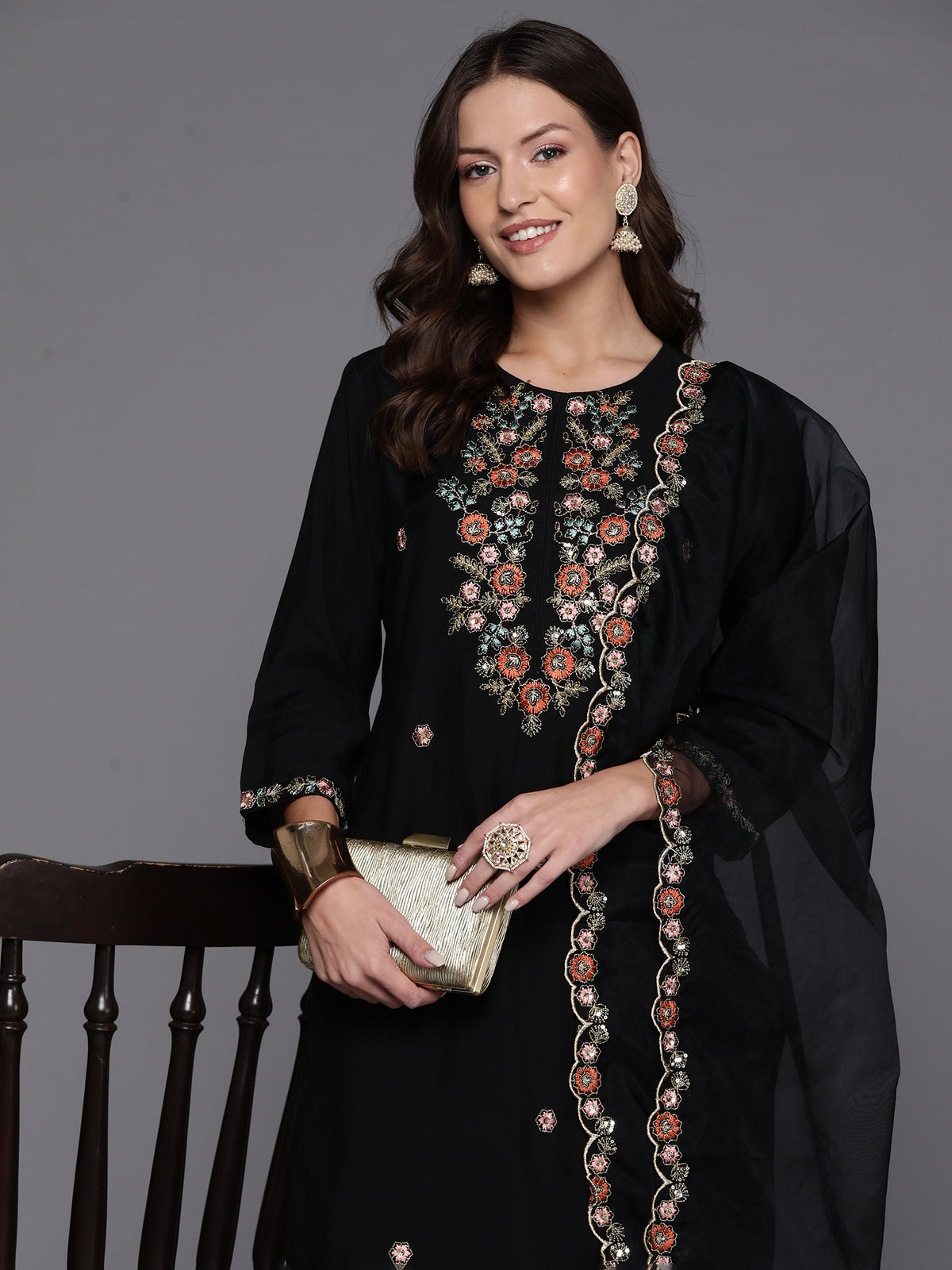 Indo Era Black Embroidered Straight Kurta Trousers With Dupatta Set