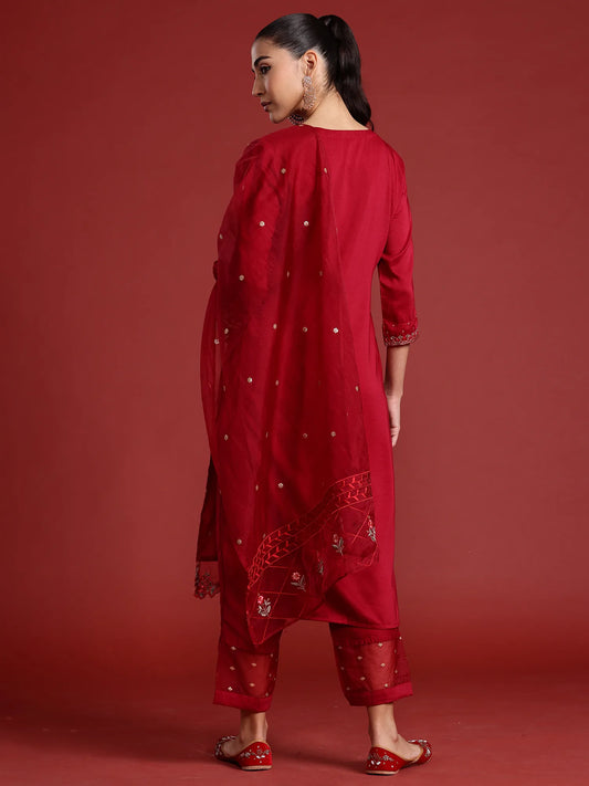 Maroon Embroidered Straight Kurta Trousers With Dupatta set