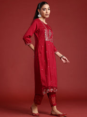 Maroon Embroidered Straight Kurta Trousers With Dupatta set