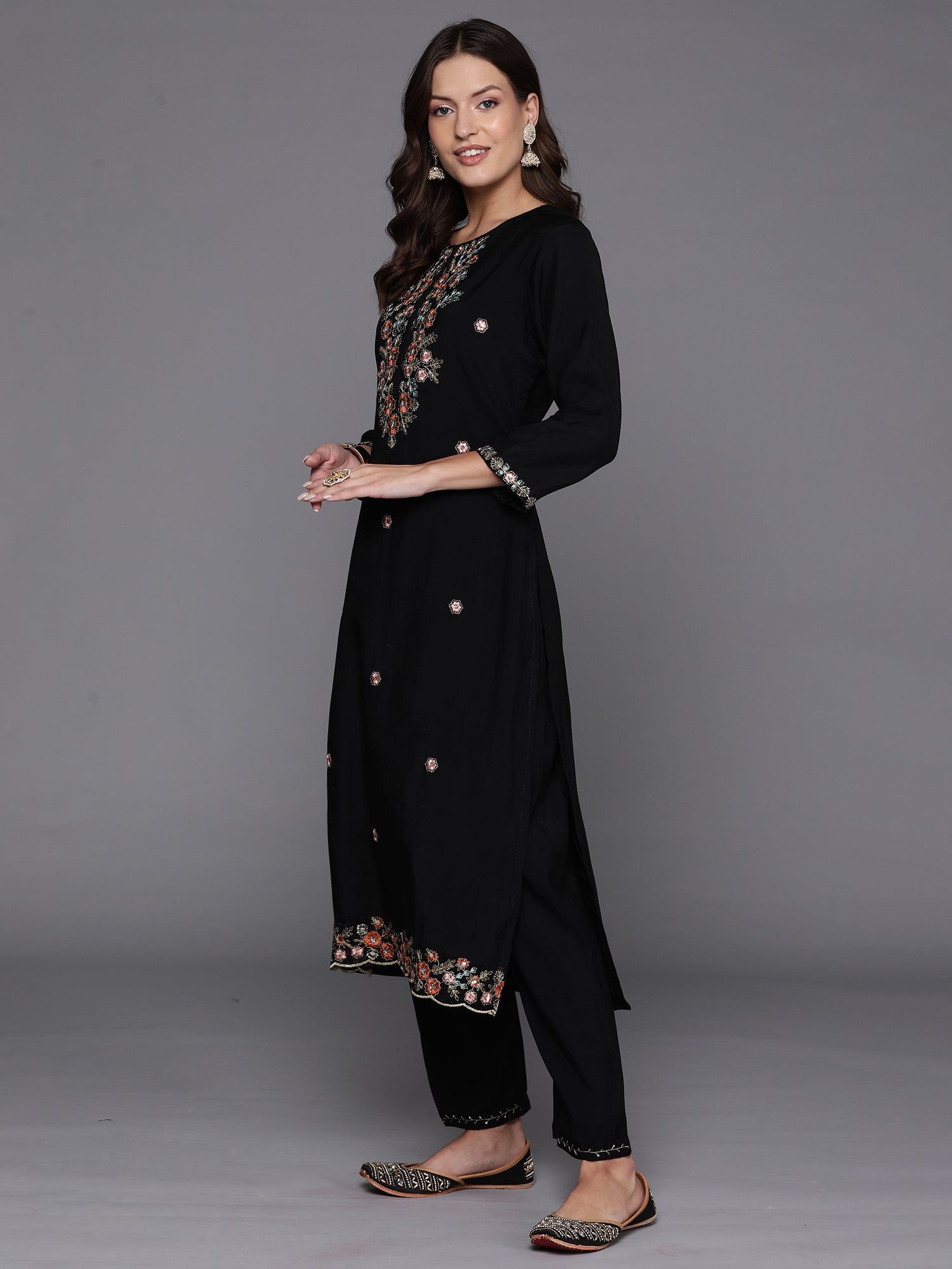 Indo Era Black Embroidered Straight Kurta Trousers With Dupatta Set