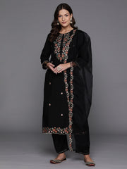 Indo Era Black Embroidered Straight Kurta Trousers With Dupatta Set