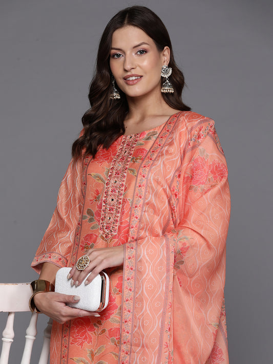 Indo Era Orange Embroidered Straight Kurta Trousers With Dupatta Set