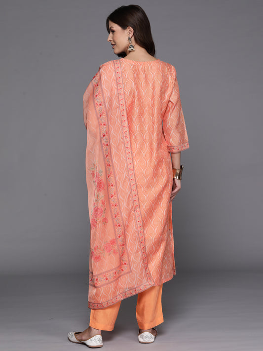 Indo Era Orange Embroidered Straight Kurta Trousers With Dupatta Set