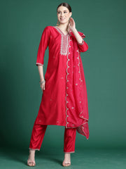 Pink Embroidered Straight Kurta Trousers With Dupatta set