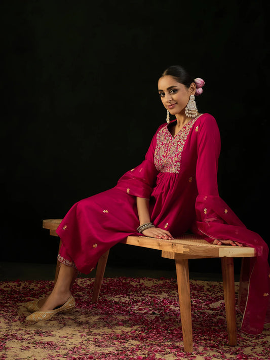 magenta-embroidered-a-line-kurta-trousers-with-dupatta-set