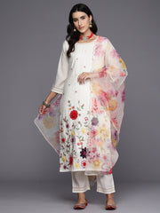 Indo Era Off White Embroidered Straight Kurta Trousers With Dupatta Set