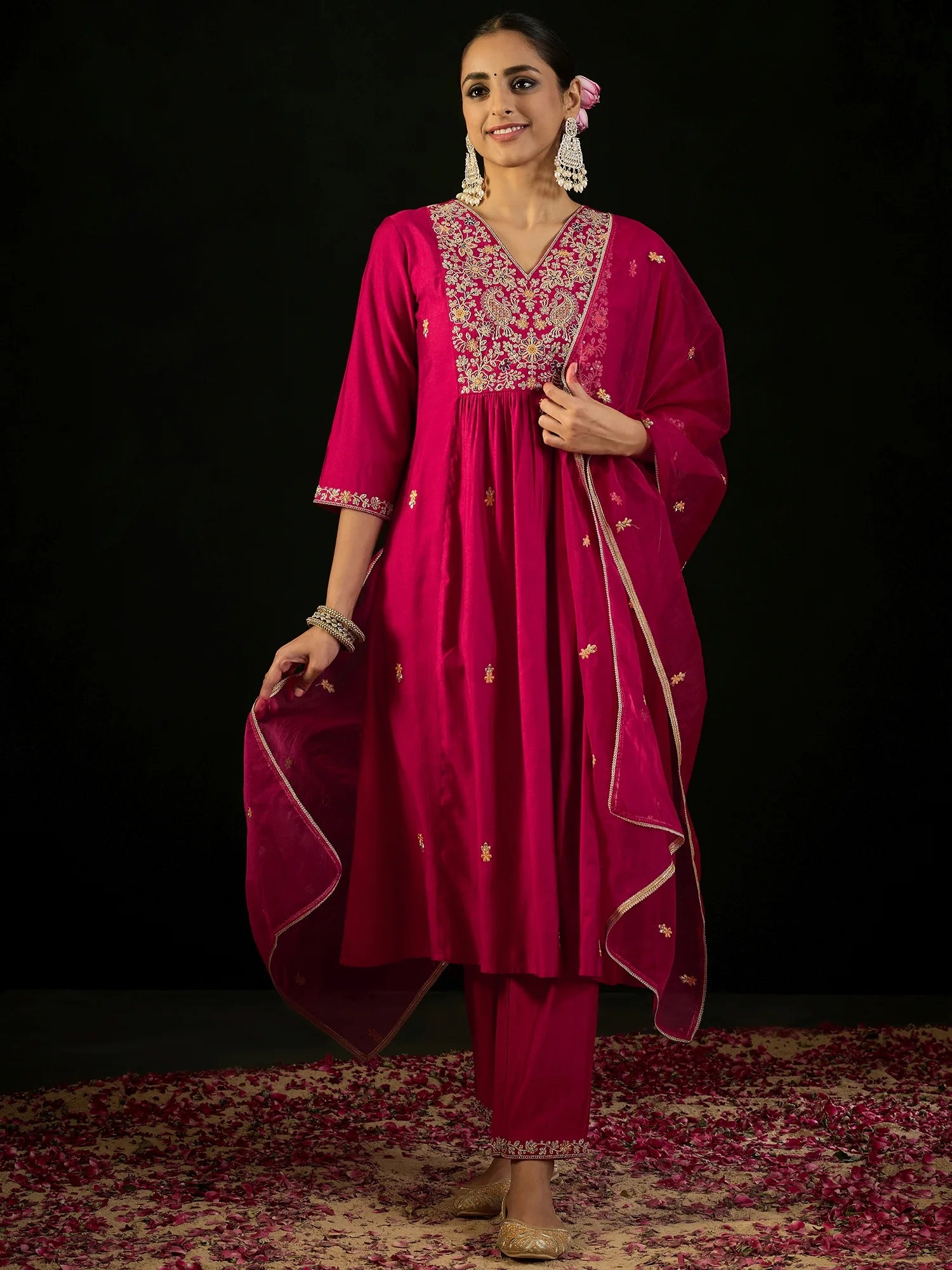 magenta-embroidered-a-line-kurta-trousers-with-dupatta-set