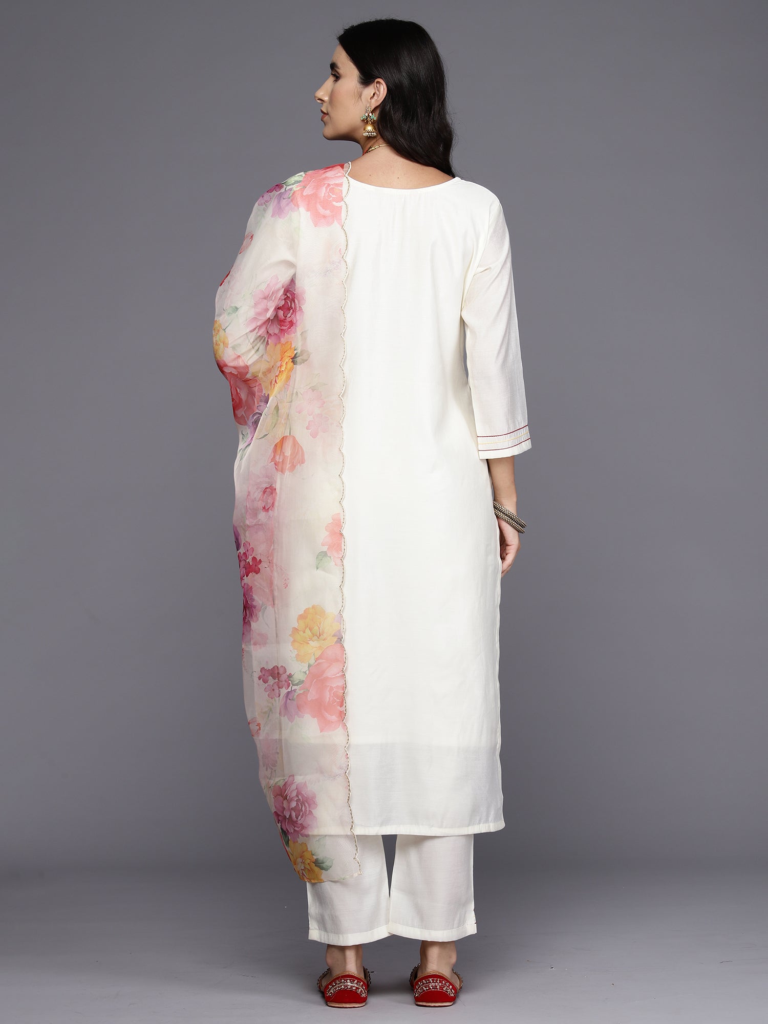 Indo Era Off White Embroidered Straight Kurta Trousers With Dupatta Set