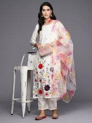 Indo Era Off White Embroidered Straight Kurta Trousers With Dupatta Set