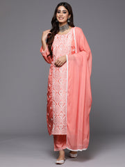 Indo Era Peach Embroidered Straight Kurta Trousers With Dupatta Set