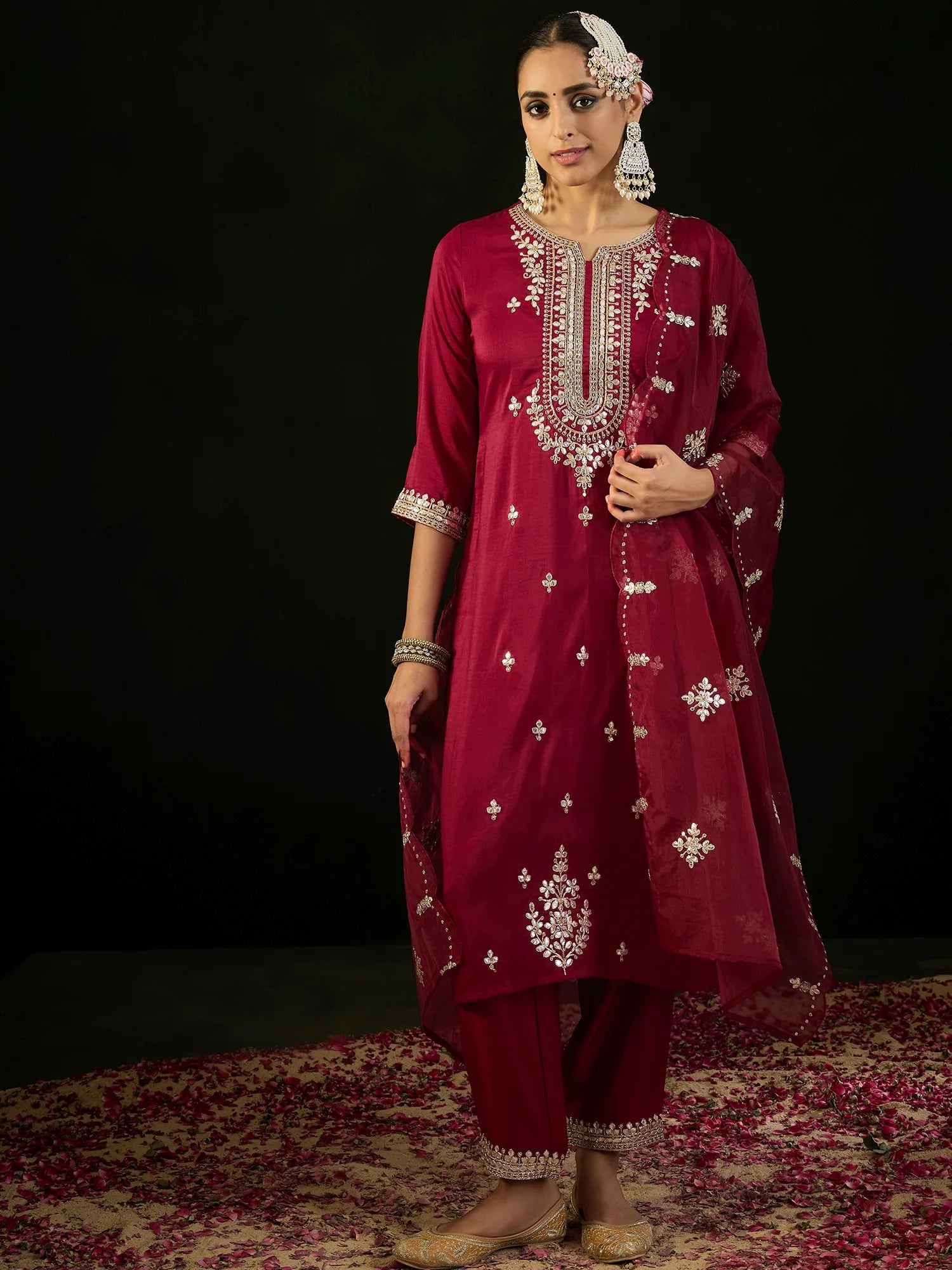 Maroon Embroidered Straight Kurta Trousers With Dupatta set