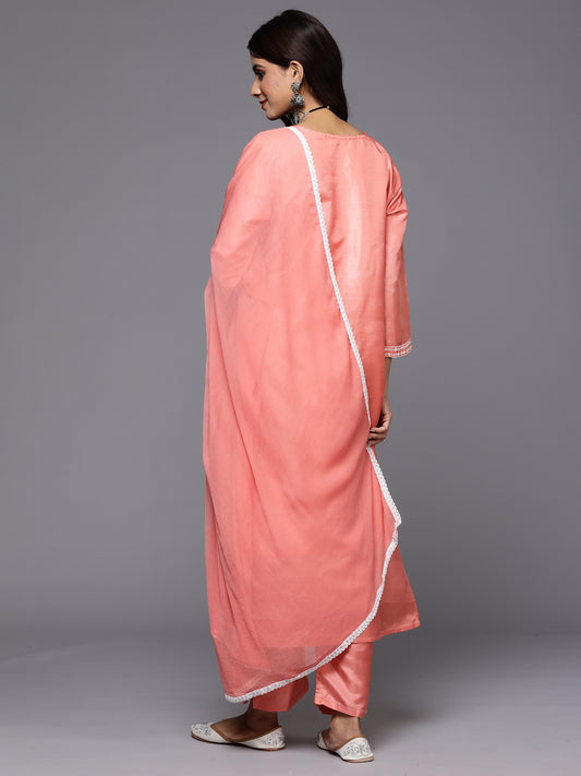 Indo Era Peach Embroidered Straight Kurta Trousers With Dupatta Set