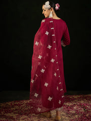 Maroon Embroidered Straight Kurta Trousers With Dupatta set