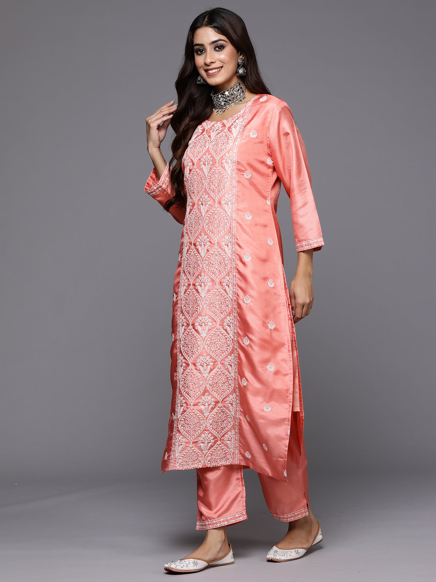 Indo Era Peach Embroidered Straight Kurta Trousers With Dupatta Set