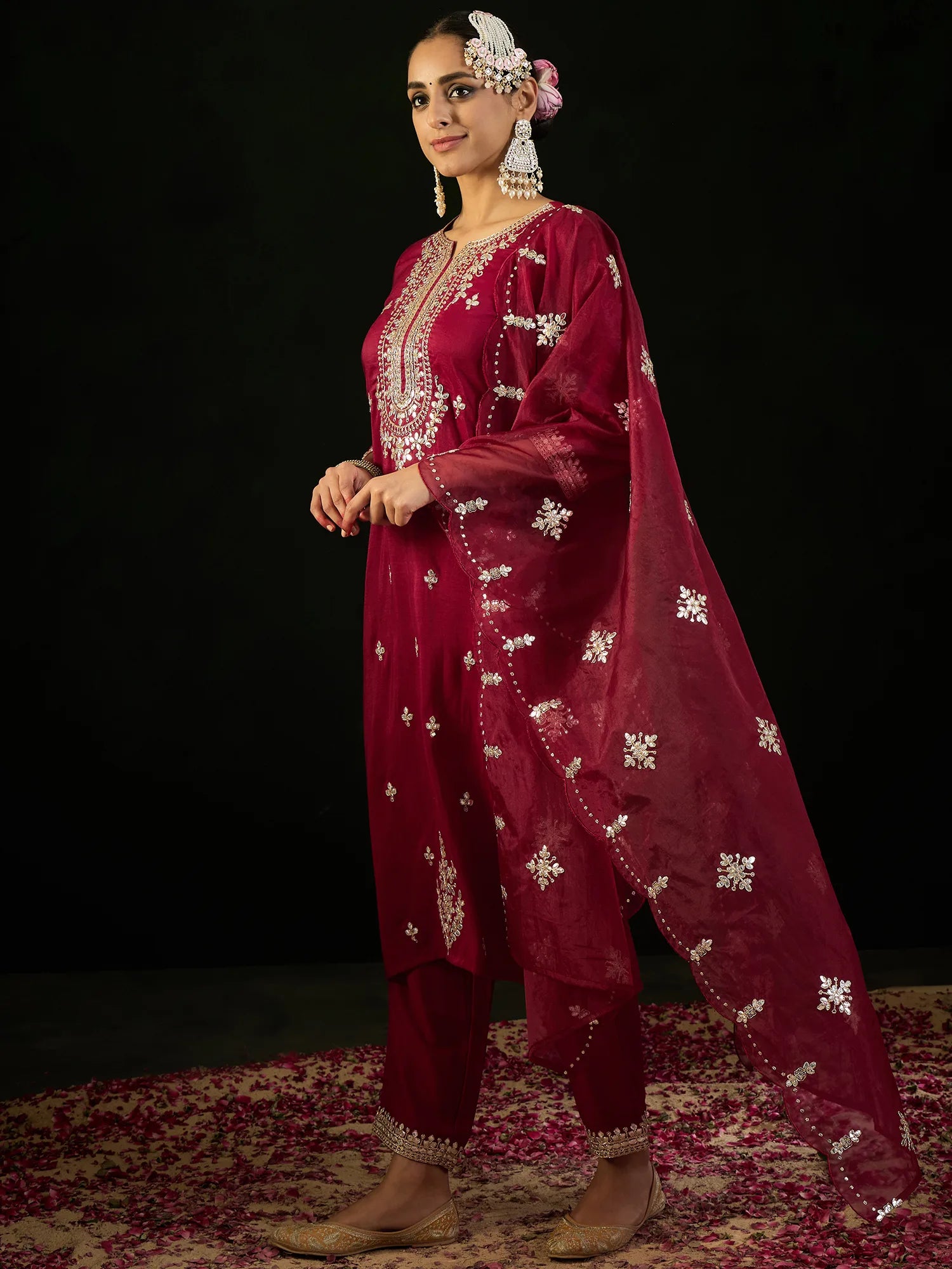 Maroon Embroidered Straight Kurta Trousers With Dupatta set