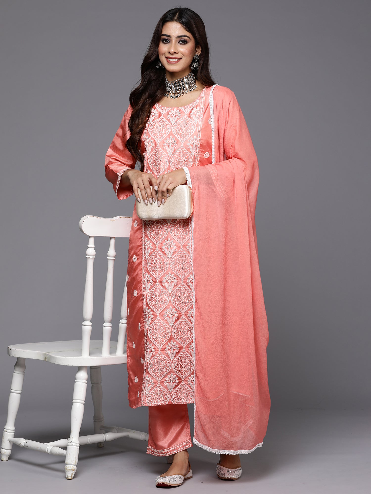 Indo Era Peach Embroidered Straight Kurta Trousers With Dupatta Set