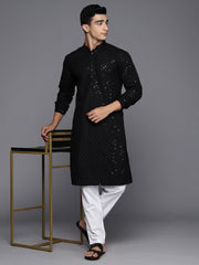 Indo Era - Men Black Geometric Cotton Embroidered Straight Kurtas