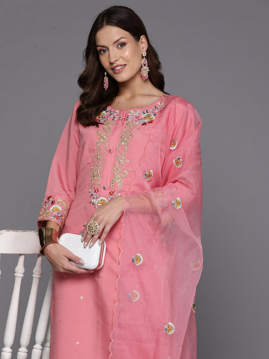 Indo Era Pink Embroidered Straight Kurta Trousers With Dupatta Set