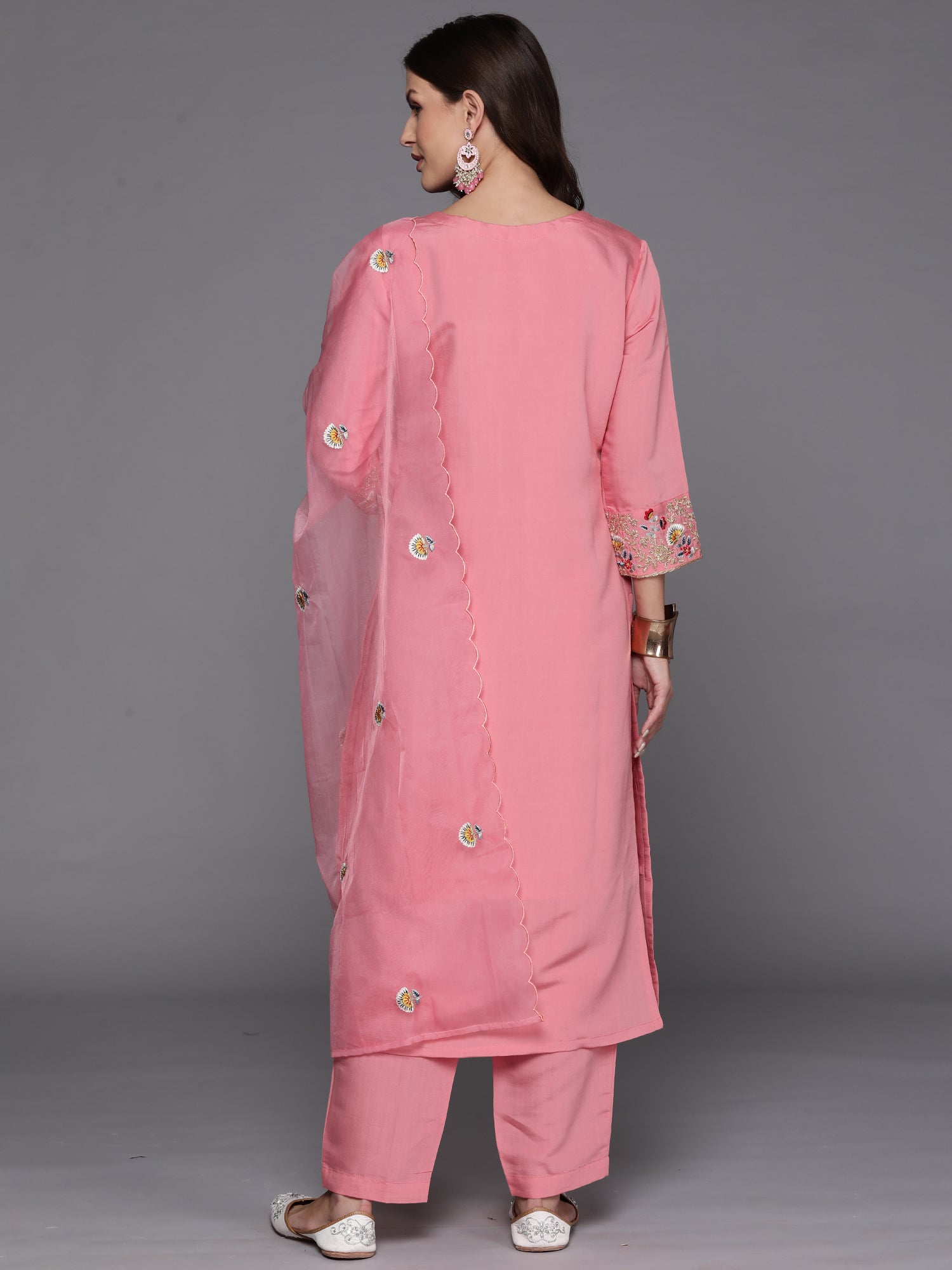 Indo Era Pink Embroidered Straight Kurta Trousers With Dupatta Set