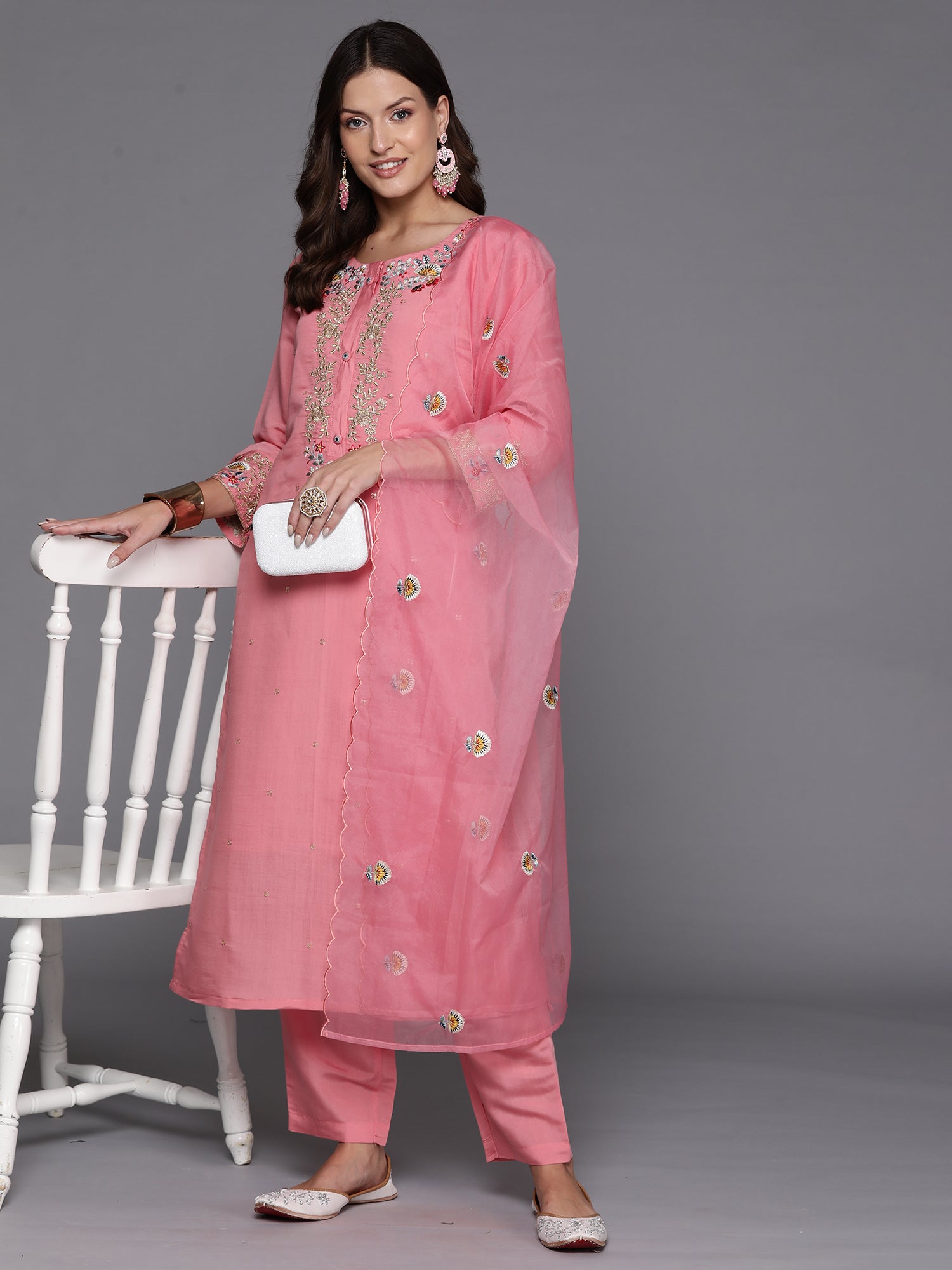 Indo Era Pink Embroidered Straight Kurta Trousers With Dupatta Set