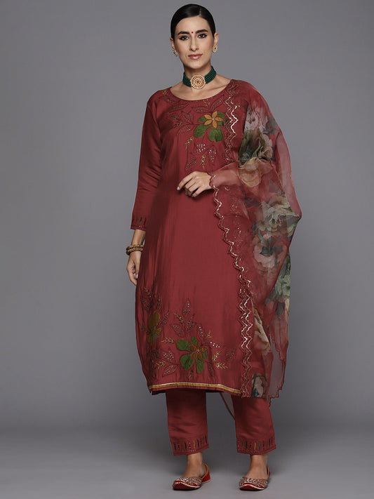 Indo Era Red Embroidered Straight Kurta Trousers With Dupatta Set