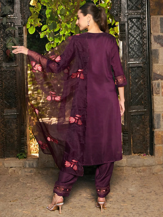 Burgundy Embroidered Straight Kurta Trousers With Dupatta set