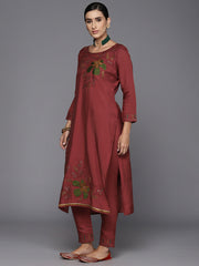 Indo Era Red Embroidered Straight Kurta Trousers With Dupatta Set