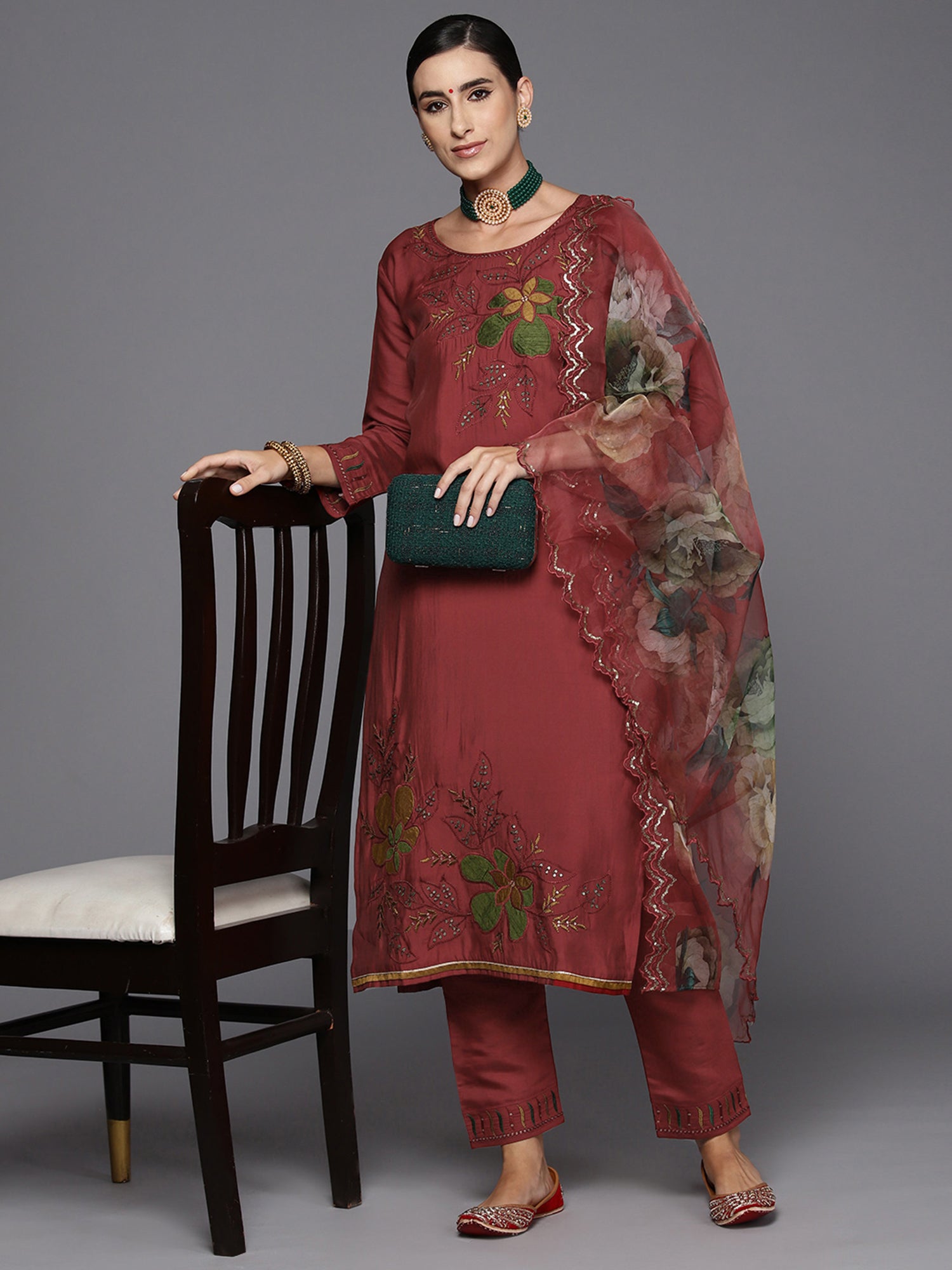 Indo Era Red Embroidered Straight Kurta Trousers With Dupatta Set