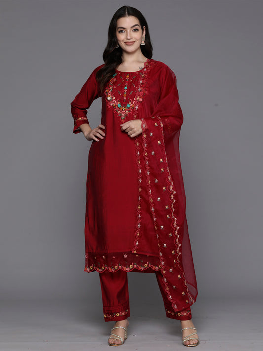 Indo Era Magenta Embroidered A-Line Kurta Trousers With Dupatta Set