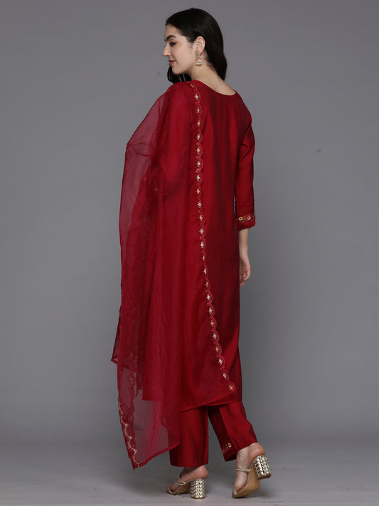 Indo Era Magenta Embroidered A-Line Kurta Trousers With Dupatta Set