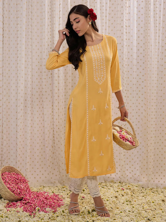 Yellow Embroidered Straight Kurtas