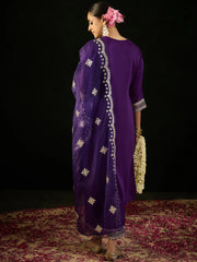 Purple Embroidered Straight Kurta Trousers With Dupatta set