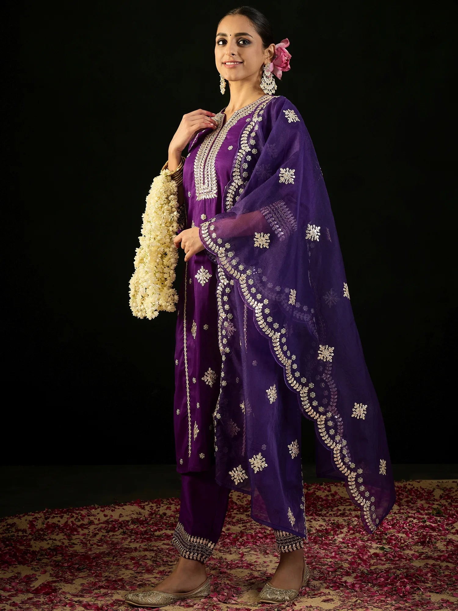 Purple Embroidered Straight Kurta Trousers With Dupatta set