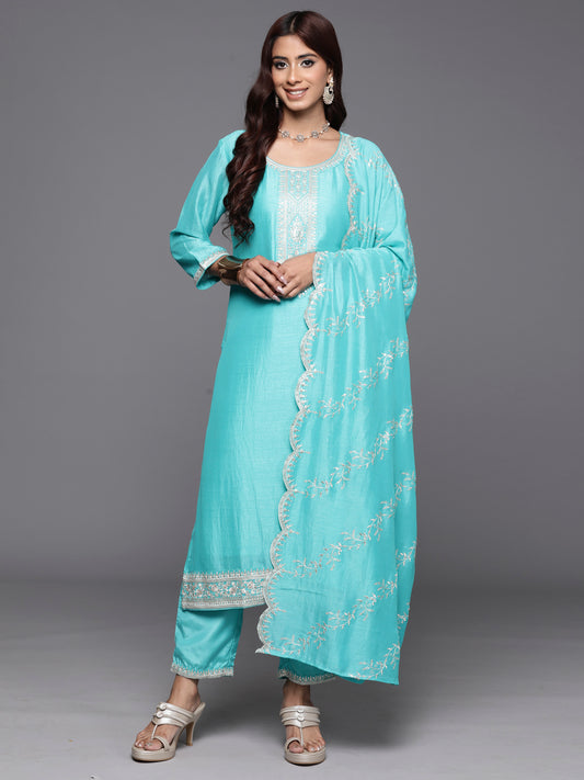 Indo Era Sea Green Embroidered Straight Kurta Trousers With Dupatta Set