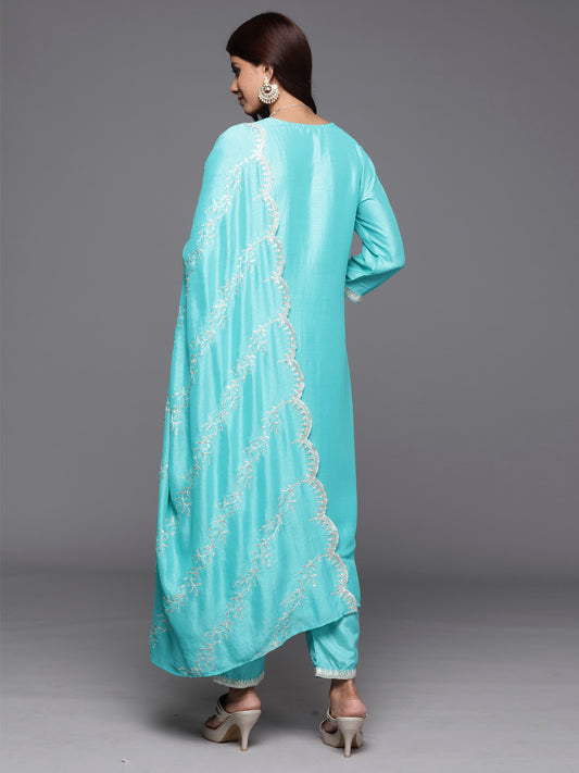 Indo Era Sea Green Embroidered Straight Kurta Trousers With Dupatta Set